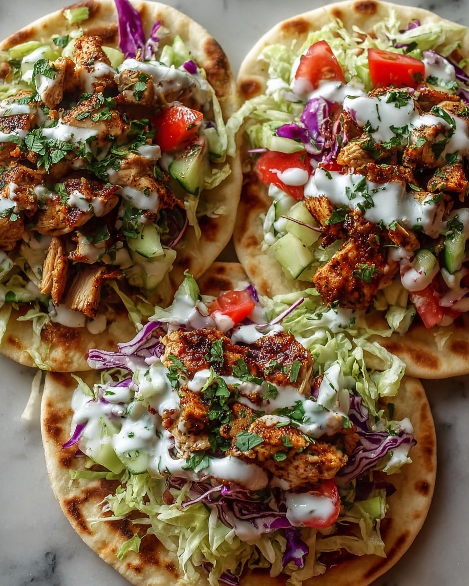 The image shows three flatbreads topped with many colorful layers, placed closely on a white marbled surface. Each flatbread has a soft, round base with slight toasting marks. On top of the base is a mix of shredded green lettuce and thin purple cabbage, adding a fresh texture and color contrast. Next, there are chunks of cooked chicken, browned and seasoned, arranged in a scattered layer. Small pieces of red tomato and green cucumber slices are placed on the chicken, adding brightness. The whole dish is drizzled with a white sauce and sprinkled with fresh green herbs, creating a creamy and fresh finish. The overall look is vibrant and inviting, with a mix of textures and colors. photo taken with an iphone --ar 4:5 --v 7