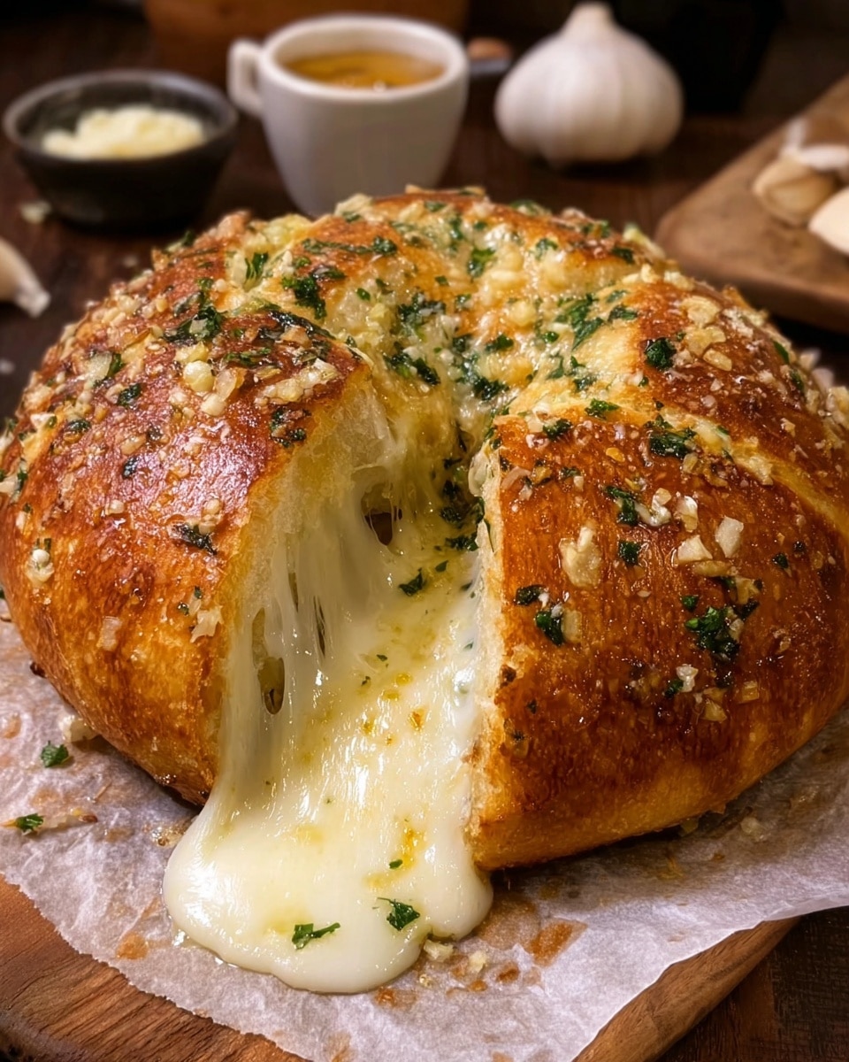 A golden brown round bread dome with a slightly crispy top sprinkled with finely chopped garlic and green herbs sits on a piece of parchment on a wooden surface, with a gooey stream of melted white cheese stretching out from a large torn opening in the front, showing the soft, fluffy texture of the bread inside. In the blurred background, there are white bowls containing yellow and white sauces, along with some garlic cloves. The bread looks warm and fresh. Photo taken with an iphone --ar 4:5 --v 7