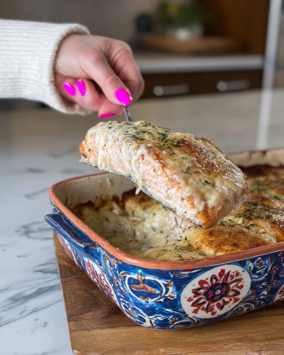 A white plate holds a serving of bright green steamed broccoli florets on one side, showing a fresh and slightly shiny texture. Next to the broccoli is a piece of baked salmon with a golden-brown cheesy herb crust on top, slightly browned and bubbly, covering the light pink fish beneath. The food is set against a white marbled surface with a colorful patterned baking dish blurred in the background. photo taken with an iphone --ar 4:5 --v 7