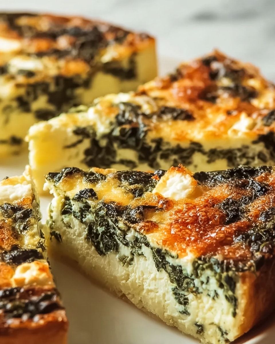 The image shows a thick slice of spinach and cheese quiche with two main layers. The bottom layer is light and fluffy, cream-colored with a soft, spongy texture. On top, the second layer is dense with dark green spinach mixed throughout, and it is covered by melted, slightly browned cheese with spots of golden orange and white. The slice sits on a white plate against a white marbled surface with additional quiche slices blurred in the background. The close-up view highlights the contrast between the soft base and the rich, cheesy spinach topping. Photo taken with an iphone --ar 4:5 --v 7
