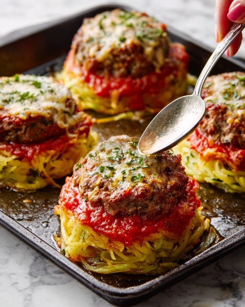 The image shows six pieces of a baked dish arranged on a dark, slightly worn baking tray placed on a white marbled surface. Each piece has three layers: the bottom layer is light green and white roasted cabbage leaves forming a cup shape, the middle layer is a rich red tomato sauce spread over the cabbage, and the top layer is browned, melted cheese covering a cooked ground meat patty, speckled with crispy golden spots. The cabbage edges are slightly charred, and each piece is garnished with small bits of fresh green herbs sprinkled on the cheese. The lighting highlights the juicy texture of the meat and the glossy shine of the tomato sauce. photo taken with an iphone --ar 4:5 --v 7