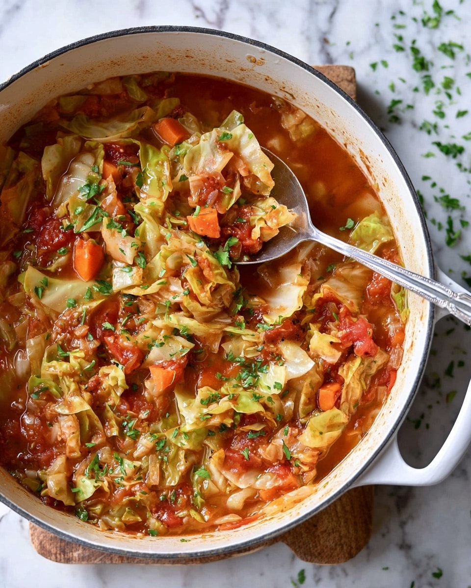 A close-up view of a large white pot filled with cooked cabbage stew, showing chopped cabbage pieces in light green and pale yellow mixed with diced orange carrots and red tomato chunks. The stew has a rich, reddish-orange sauce that coats the vegetables, with fresh green herb bits sprinkled on top. Two silver serving spoons rest inside, partially immersed in the mixture, with one scoop showing a spoonful of cabbage, carrots, and sauce. The background is a white marbled texture. Photo taken with an iphone --ar 4:5 --v 7