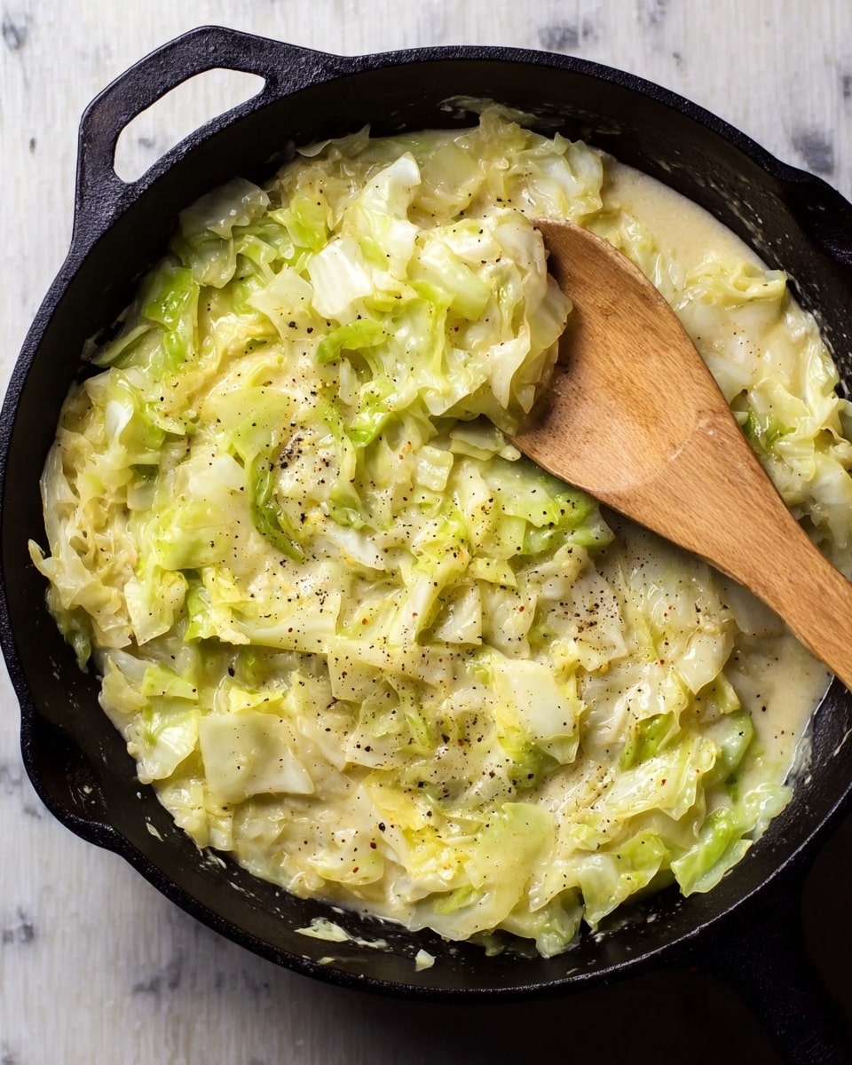 A cast iron pan filled with soft, cooked cabbage strips mixed in a creamy white sauce, showing shades of light green and pale yellow cabbage pieces, lightly sprinkled with black pepper. A wooden spoon rests inside the pan, partially mixing the layers of tender cabbage and sauce. The pan is placed on a wooden surface, which should be imagined as a white marbled texture. The overall look of the cabbage mixture is rich and smooth with visible texture from cabbage strands. photo taken with an iphone --ar 4:5 --v 7