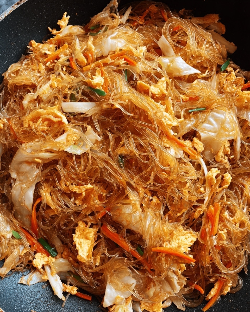 The dish consists of three main layers mixed together in a black pan. The base is a large amount of translucent brown glass noodles that are slightly glossy and tangled. Scattered throughout are soft, irregular pieces of light yellow scrambled eggs with a slightly fluffy texture. Mixed in with the noodles and eggs are thin, noodle-like strips of pale white cabbage and thin orange carrot slices, adding color contrast and a mix of textures. The ingredients are all evenly combined, showing a balance of colors and shapes on a smooth dark pan surface. photo taken with an iphone --ar 4:5 --v 7