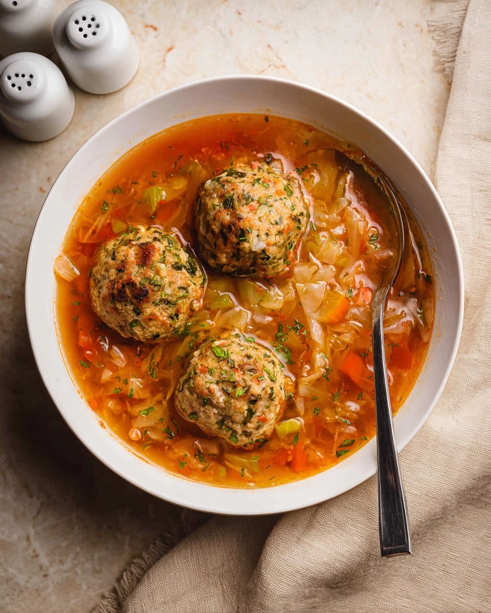 A white bowl filled with a warm soup that has three large meatballs floating evenly spaced near the center, each with a textured surface showing bits of herbs and vegetables. The soup base is an orange-red broth with small bubbles of oil and visible shredded light green cabbage, diced tomatoes, and finely chopped celery scattered throughout. Small sprigs of fresh dill are sprinkled on the meatballs and in the broth. A silver spoon rests inside the bowl near the top right edge. This bowl sits on a beige cloth on a white marbled textured surface, with a white salt shaker in the upper right corner. photo taken with an iphone --ar 4:5 --v 7