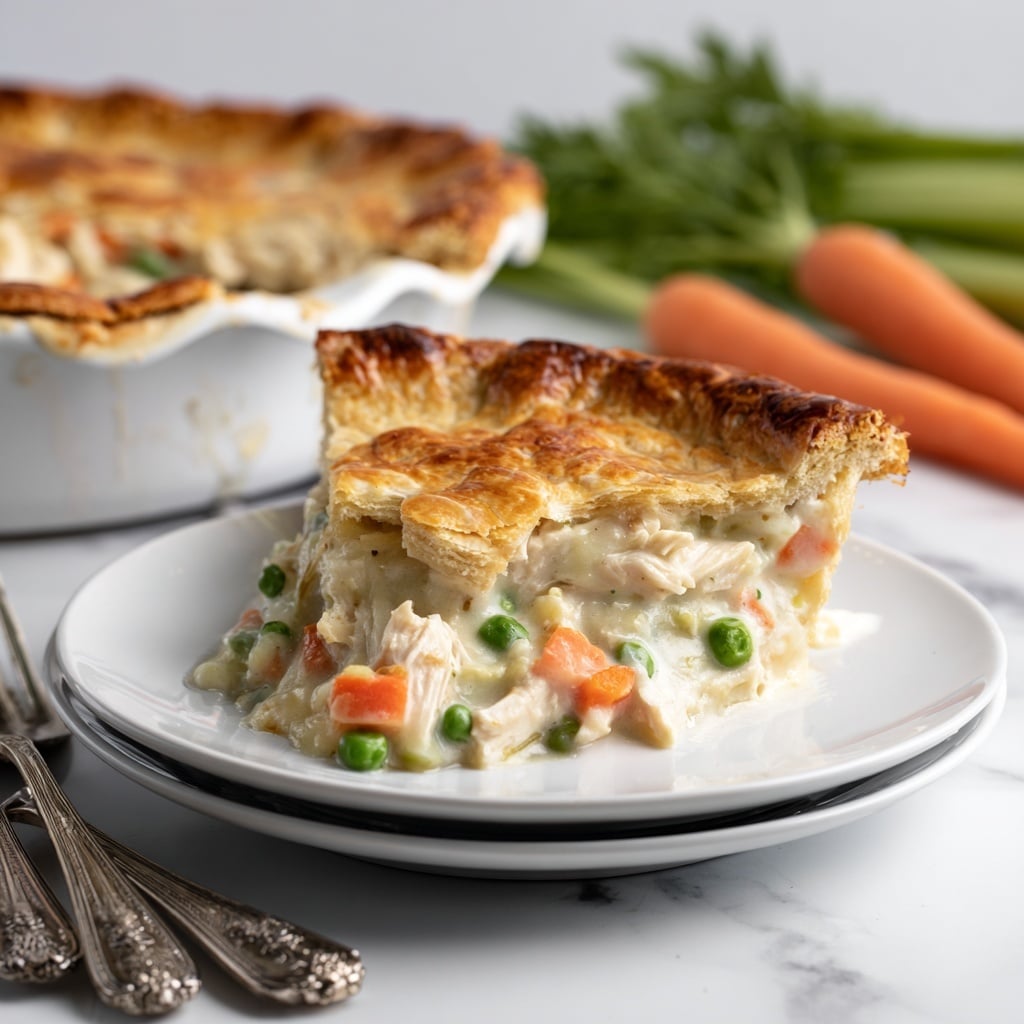 A golden brown pie with a flaky crust sits in a white dish, with one slice missing to show the filling inside. The filling has chunks of orange carrots, green peas, and white chicken pieces mixed in a creamy sauce, visible through the cut section. Next to the pie, the missing slice rests on a white plate, showing the same colorful filling under the crust. Fresh bright green celery stalks and whole carrots lie next to the pie, with a light blue cloth in the background. The whole scene is on a white marbled surface. Photo taken with an iphone --ar 4:5 --v 7