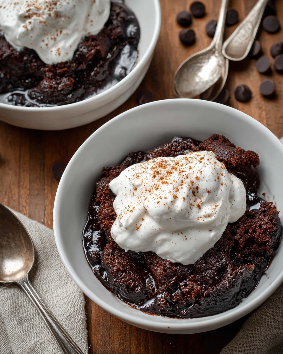 In a white bowl, there is a moist, dark chocolate dessert with a rough, crumbly texture as the first layer, topped by a thick layer of smooth white whipped cream sprinkled lightly with brown cinnamon powder. A silver spoon is placed inside the bowl to the right, resting against the dessert. The bowl sits on a wooden surface next to a clear glass of dark coffee with a thin light tan foam on top. Another white bowl with the same dessert topped with whipped cream is blurred in the background. A beige cloth napkin is placed at the bottom right corner. Photo taken with an iphone --ar 4:5 --v 7