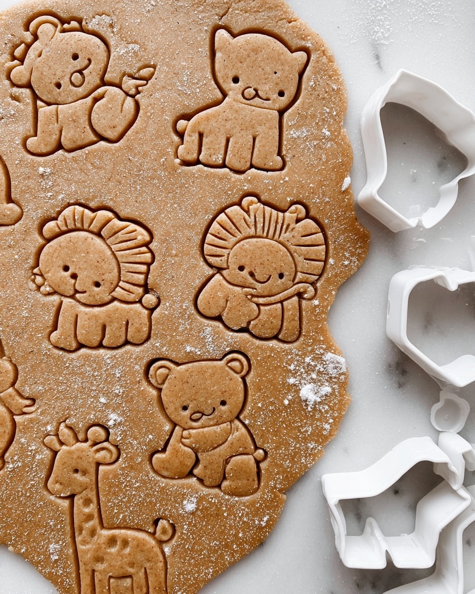 The image shows a variety of baked animal-shaped cookies arranged on white parchment paper with a white marbled texture underneath. The cookies feature detailed outlines and facial features of cute animals including bears, zebras, elephants, monkeys, hippos, lions, and giraffes. Each cookie is a light golden brown color with slight variations in texture showing crisp edges and smooth surfaces. The animals are evenly spaced, showing a consistent thickness, and their playful expressions and shapes give a charming and fun look. Photo taken with an iphone --ar 4:5 --v 7