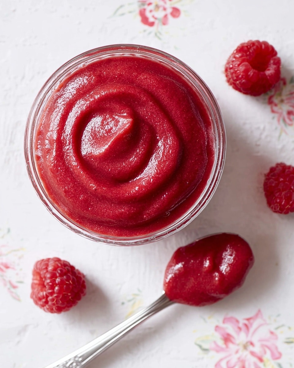 A clear glass bowl filled with a single layer of thick, smooth raspberry puree colored deep red with a slightly shiny texture, sitting on a white marbled surface scattered with a few whole fresh raspberries and a vintage silver spoon nearby, the puree showing swirled spoon marks on the top. photo taken with an iphone --ar 4:5 --v 7