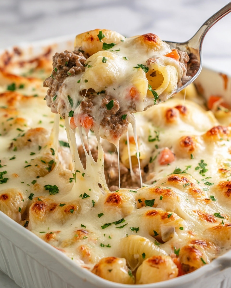 The image shows a close-up of a white baking dish filled with a creamy pasta casserole. The top layer is melted cheese, golden and bubbly with small browned spots, sprinkled with chopped green herbs. Below the cheese, there is a thick layer of pasta mixed with ground meat, small pieces of carrot, and other vegetables visible through the creamy sauce. The pasta shells are light beige and slightly covered in sauce. A spoon lifts a generous scoop of the casserole, stretching the melted cheese with strings, revealing the dense mix inside. The dish is placed on a white marbled surface. Photo taken with an iphone --ar 4:5 --v 7