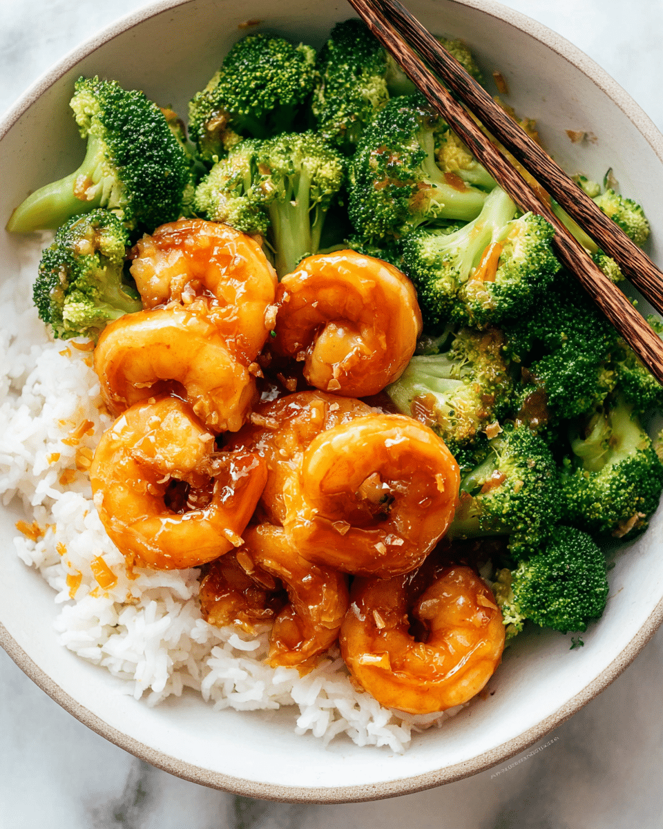 A bowl with three layers: the bottom layer is white sticky rice with grains clumped together, the middle layer is bright green broccoli florets with stems, and the top layer is six large, glossy shrimp coated in a shiny, light brown sauce, arranged around the broccoli. The bowl is white with a subtle speckled rim, and there is a pair of wooden chopsticks resting on the bowl's edge on the right side. The photo is taken on a white marbled surface. photo taken with an iphone --ar 4:5 --v 7