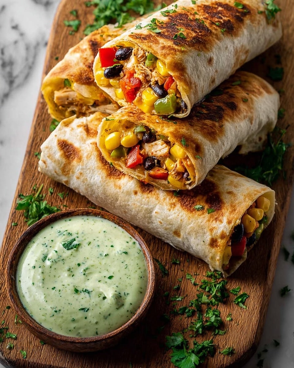 Three golden-brown, grilled burritos lay stacked on a wooden board, each filled with layers of yellow corn, black beans, red bell peppers, and shredded chicken. The top burrito is slightly open, showing the colorful filling inside. Fresh green herbs are sprinkled on top of the burritos and around the board for garnish. Next to the burritos is a small round bowl filled with a thick, creamy green sauce with visible herb bits. The setting is bright and detailed, with a white marbled texture under the board. Photo taken with an iphone --ar 4:5 --v 7