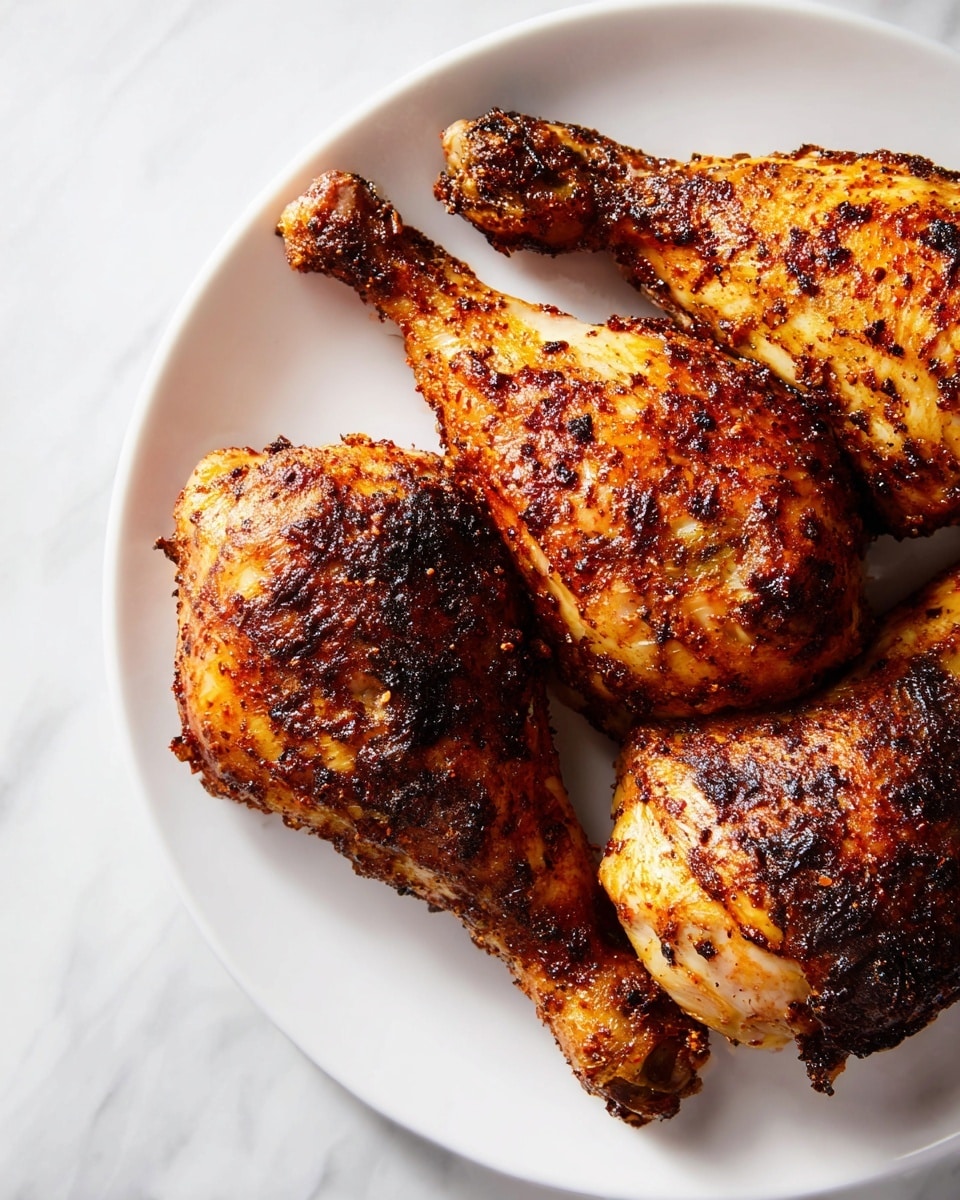 The image shows three pieces of grilled chicken legs on a white rectangular plate placed on a white marbled surface. The chicken pieces are golden brown with a dark, crispy seasoning crust covering most of the skin. The texture looks juicy and slightly charred, showing clear grill marks, with the seasoning giving a rough and crunchy appearance. The chicken skin has a mix of light and dark brown colors, highlighting the spices used. Photo taken with an iphone --ar 4:5 --v 7