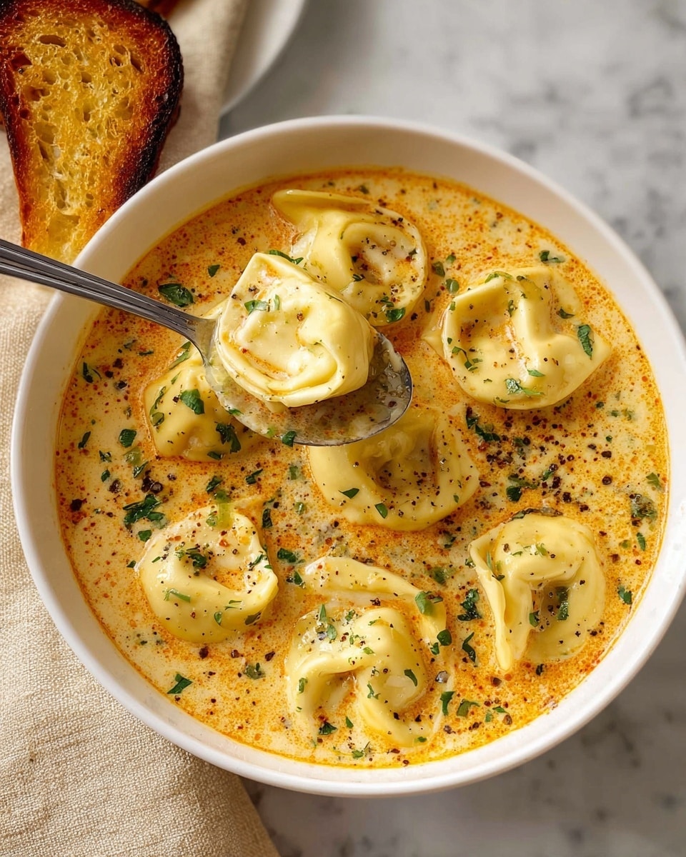 A white bowl filled with creamy orange soup with five large tortellini floating on top. The tortellini are pale yellow with a smooth texture, some partially submerged in the soup. The soup is speckled with finely chopped green herbs and small bits of black pepper, adding texture and contrast. A silver spoon holds one tortellini above the bowl, showing its soft, folded shape. To the left, part of a golden-brown toasted bread slice rests on a beige cloth. The background is a white marbled texture. photo taken with an iphone --ar 4:5 --v 7