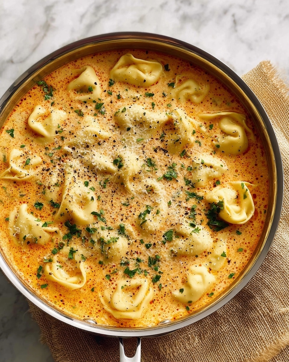 A shiny metal pan is filled with a creamy orange soup that has visible oil droplets floating on the surface. Inside the soup, there are soft, plump tortellini pasta pieces, each with a pale yellow color and slightly curved shape. The soup is topped with a sprinkling of finely chopped green herbs and small flakes of grated cheese, along with a light grind of black pepper scattered evenly across the dish. The pan sits on a textured tan cloth, all placed on a white marbled surface. photo taken with an iphone --ar 4:5 --v 7