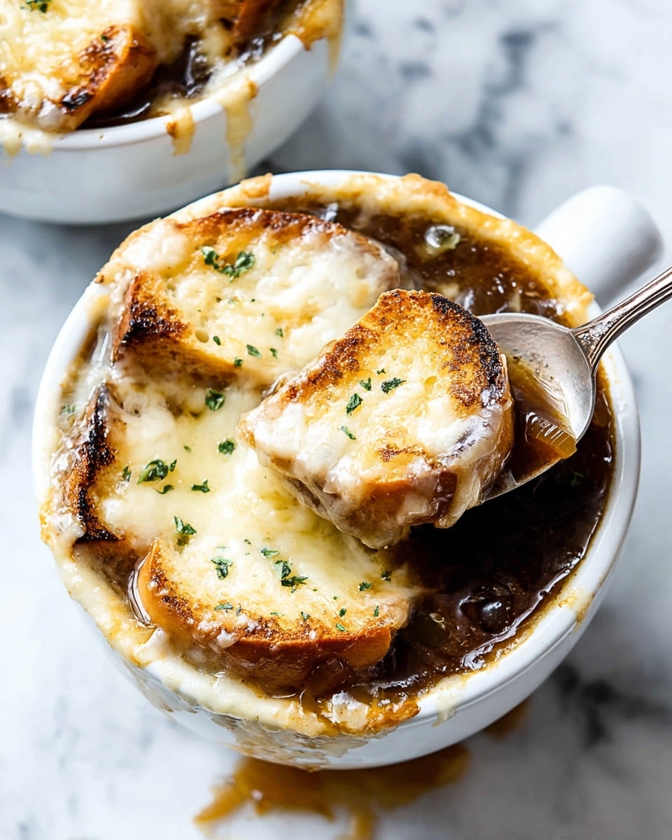 The image shows a close-up of a white bowl filled with dark brown French onion soup, topped with melted, slightly golden cheese and toasted bread pieces that cover the soup, some soaked and soft, others crispy. Small green herbs are sprinkled on the melted cheese layer. A silver spoon is partially dipped into the soup, holding a piece of the soaked bread and cheese. The soup is spilling slightly over the edges of the bowl, which sits on a white marbled surface. Photo taken with an iphone --ar 4:5 --v 7