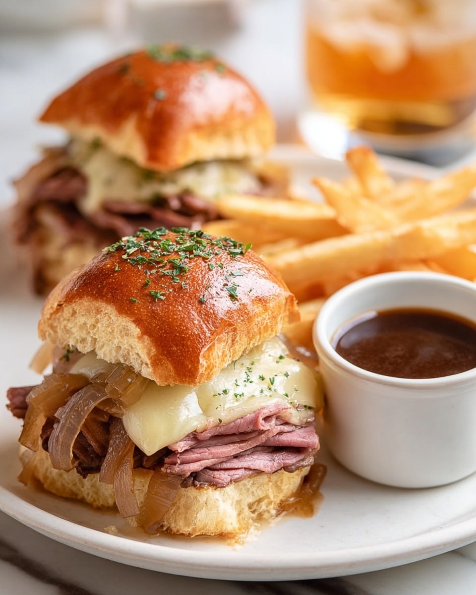 A white plate holds two small sandwiches and a pile of golden, crispy French fries on the left side. Each sandwich has three layers: a shiny, light brown top bun sprinkled with green herbs, a middle layer of melted white cheese and caramelized dark brown onions, and a bottom layer with thin slices of pink roast beef, all inside a soft, light tan bun. Behind the plate, there is a white ceramic cup filled with brown dipping sauce, and a glass of light yellow beer with a foamy white head on a white marbled surface. Photo taken with an iphone --ar 4:5 --v 7