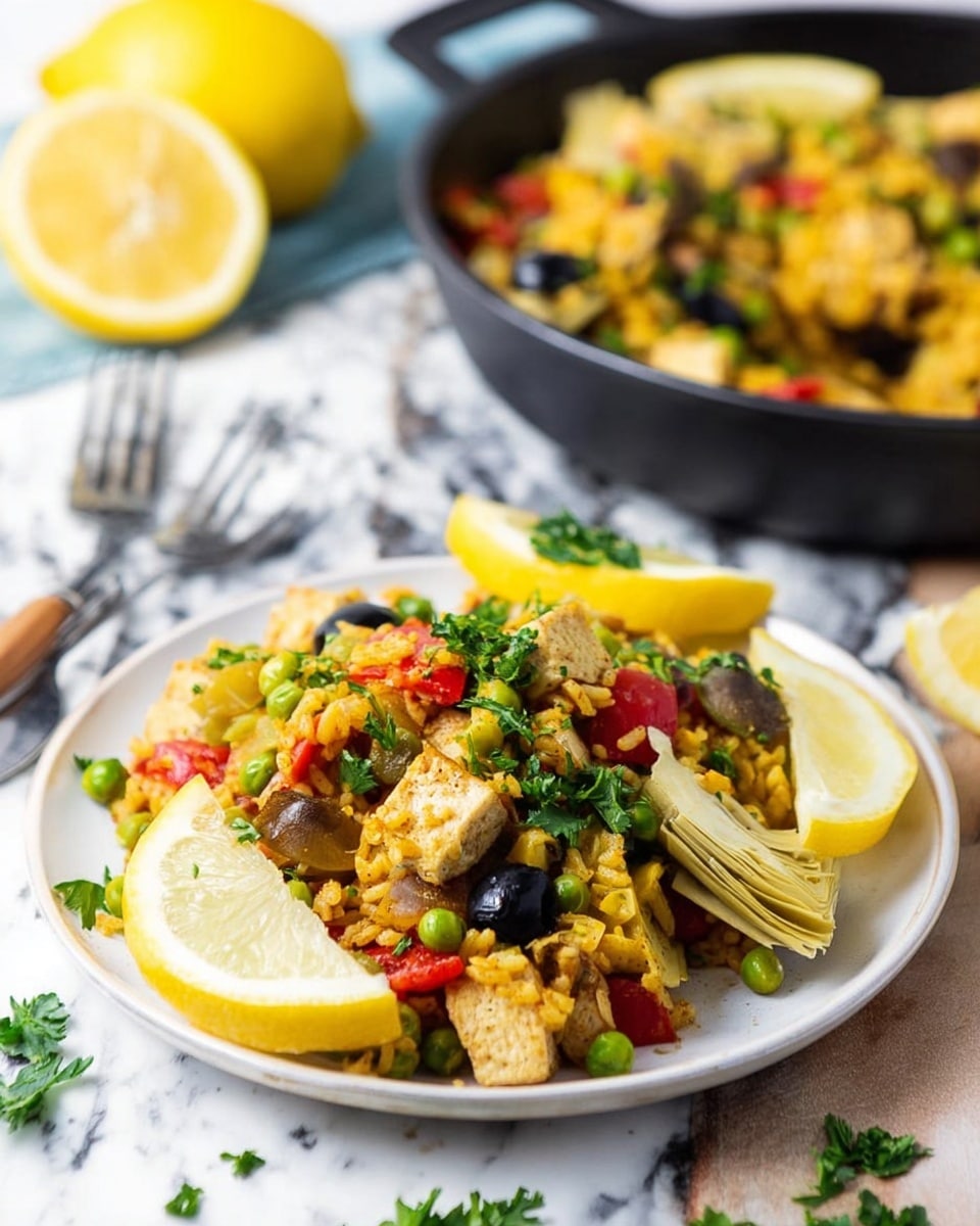 A white plate holds a colorful serving of a mixed dish with visible layers including green peas, yellow rice, black olive slices, red bell pepper pieces, artichoke hearts, and cubes of browned tofu, all topped with fresh green parsley. Three light yellow lemon wedges are placed on the plate's edges, adding contrast. In the background, a black bowl filled with the same dish sits on a white marbled surface, alongside a lemon and two forks. The overall look is vibrant and fresh with a rustic touch. photo taken with an iphone --ar 4:5 --v 7