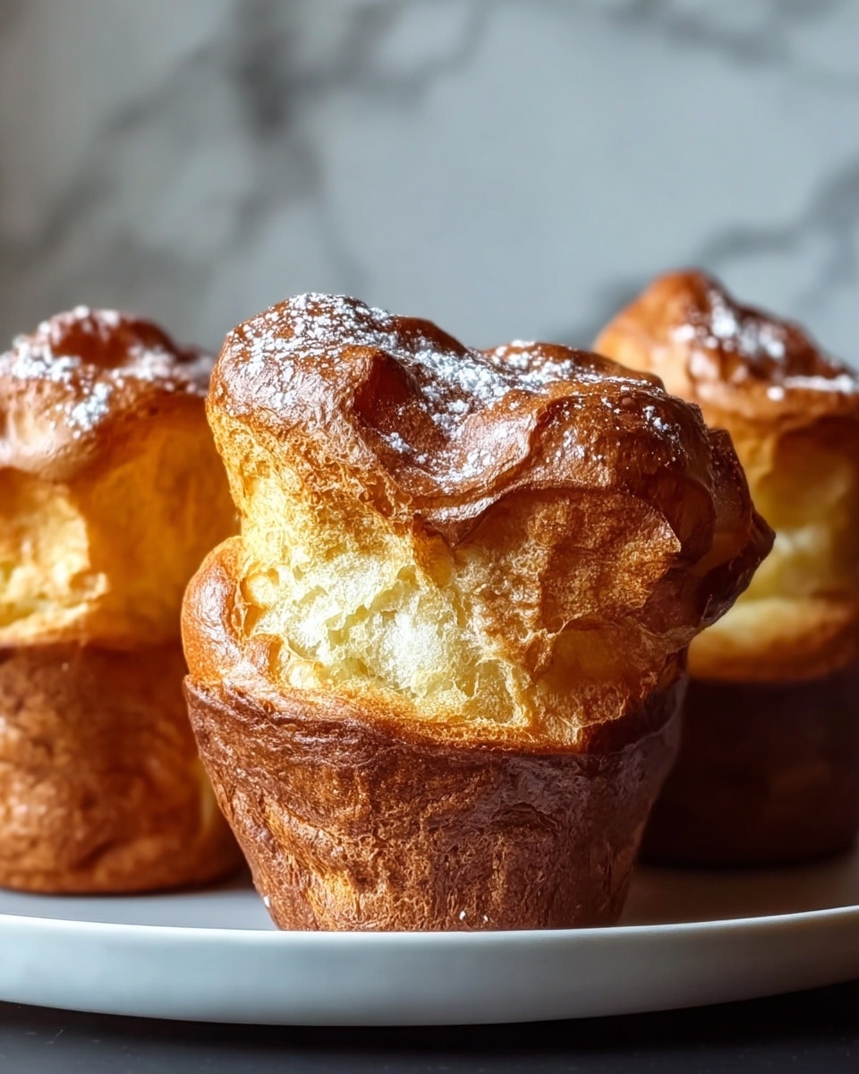 The image shows three golden-brown popovers with a rough, crispy texture. Each popover has a tall, puffy top layer that is lighter in color, with a slightly cracked and fluffy look, while the bottom layer is a darker, firmer base with a more solid and browned crust. The tops have small spots of white powdered sugar sprinkled unevenly. The popovers are placed closely together on a white plate with a simple smooth surface, all set against a background with a white marbled texture. photo taken with an iphone --ar 4:5 --v 7