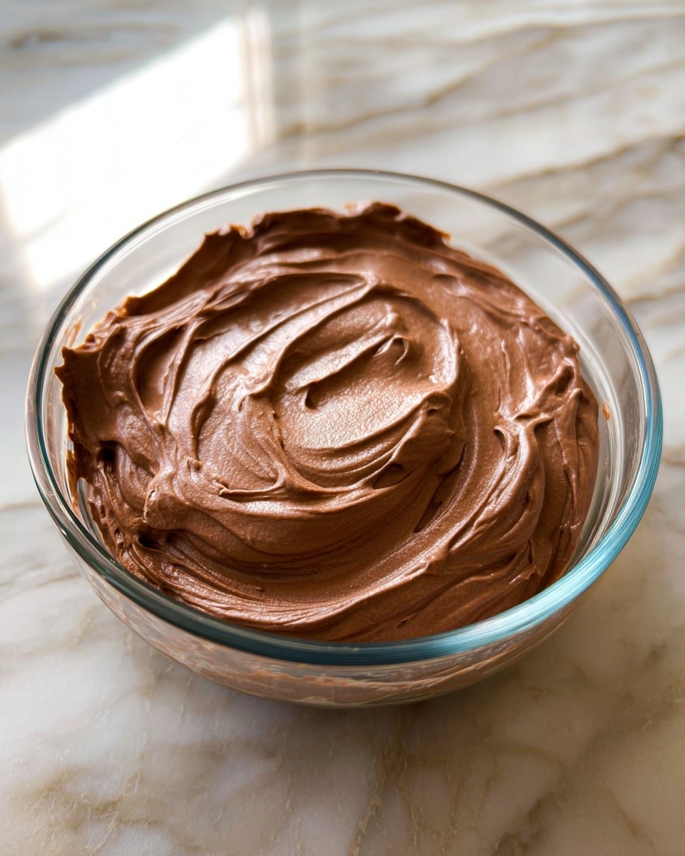 A clear glass bowl filled with smooth chocolate mousse that has a rich, creamy texture and a shiny surface with soft swirls and peaks, sitting on a white marbled surface that reflects light softly around the bowl, no other layers or colors are visible in the mousse itself, making it look dense and thick yet light and fluffy photo taken with an iphone --ar 4:5 --v 7