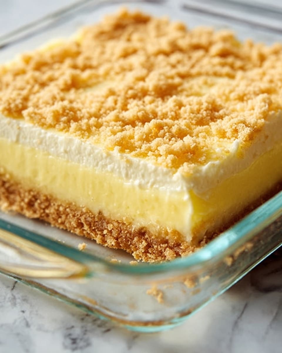 A close-up side view of a layered dessert in a clear glass square dish shows three visible layers: the bottom layer is a crumbly light brown crust, the middle layer is thick and smooth pale yellow custard filling, and the top layer is a golden crumbly streusel topping with a rough texture. The dish sits on a white marbled surface. Photo taken with an iphone --ar 4:5 --v 7