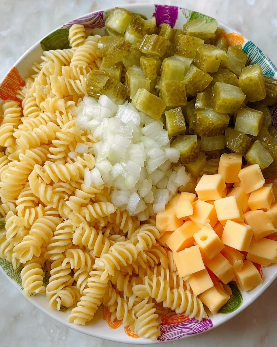 The image shows a close-up of a white bowl filled with four different ingredients arranged in separate sections. The bottom left section contains light yellow spiral pasta with a smooth texture. Above the pasta is a small pile of finely chopped white onions, with a slightly crisp look. The majority of the bowl is filled with diced green pickles that have a moist and chunky texture. On the right side of the bowl, there are small cubes of blended orange and white cheese, smooth and firm in appearance. The bowl itself has colorful, abstract patterns along its edge and sits on a white marbled surface. Photo taken with an iphone --ar 4:5 --v 7