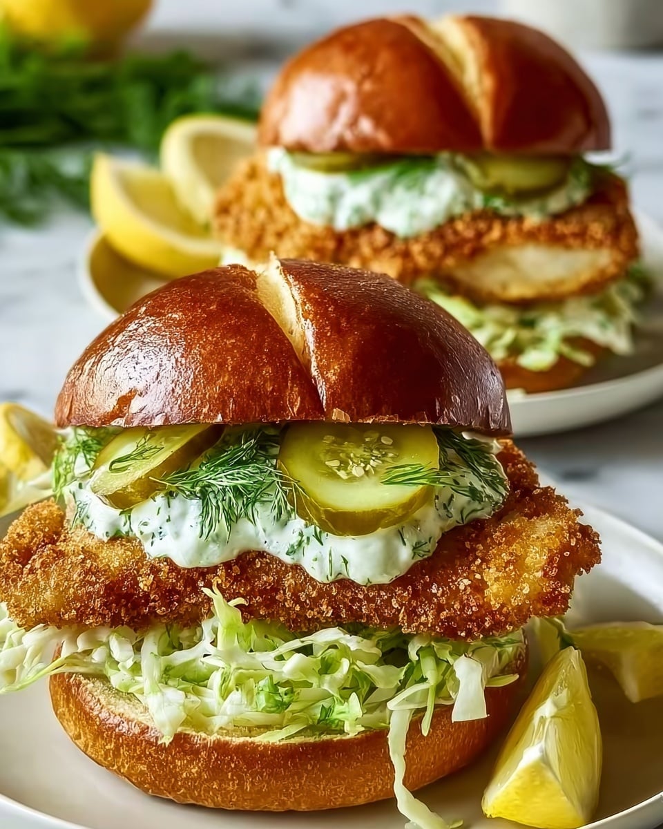 Two fried chicken sandwiches sit on a white plate with a white marbled texture underneath. Each sandwich has a shiny, golden brown bun top with a soft texture. Under the top bun, there is a layer of green fresh dill and dollops of white creamy sauce with small herb pieces. Below this, several light green pickle slices are arranged on top of a thick, crispy, golden fried chicken fillet. The chicken rests on shredded pale green lettuce that covers the bottom bun, which is similar in color and texture to the top bun. A few pickle slices and lemon wedges are placed to the side on the plate. photo taken with an iphone --ar 4:5 --v 7