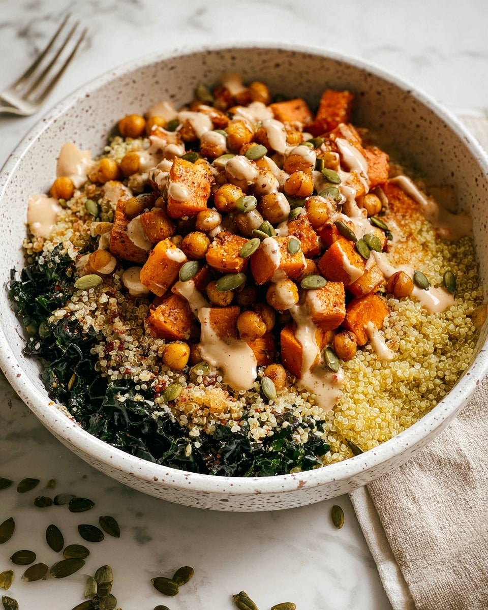 A bowl filled with three main layers: the bottom layer is dark green chopped kale with a slightly wilted texture, the middle layer is golden brown chickpeas mixed with small seed pieces, and the top layer is light beige quinoa mixed with roasted orange sweet potato cubes. The dish is drizzled with a light creamy dressing and is served in a white bowl on a white marbled surface. Photo taken with an iphone --ar 4:5 --v 7