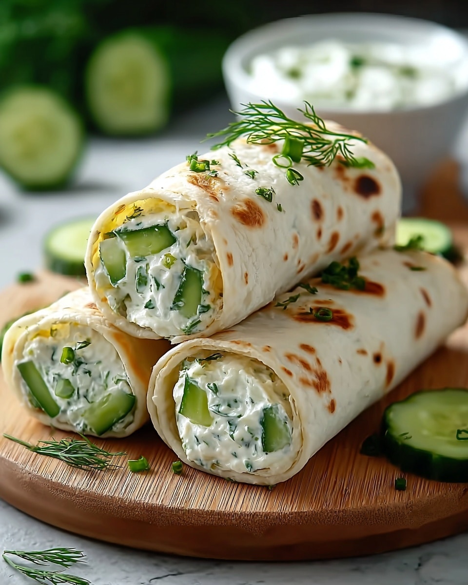 The image shows four rolled wraps cut in half, arranged on a wooden board with some green herbs around them. Each wrap has three clear layers visible: a soft, white flatbread with browned spots on the outside, a layer of white creamy cheese spread inside, and slices of fresh green cucumber in the center. Small pieces of chopped green herbs are sprinkled on top of the wraps and around them, adding color and freshness. In the background, there is a blurry green sauce in a small round white bowl. The whole setup is on a white marbled textured surface. photo taken with an iphone --ar 4:5 --v 7