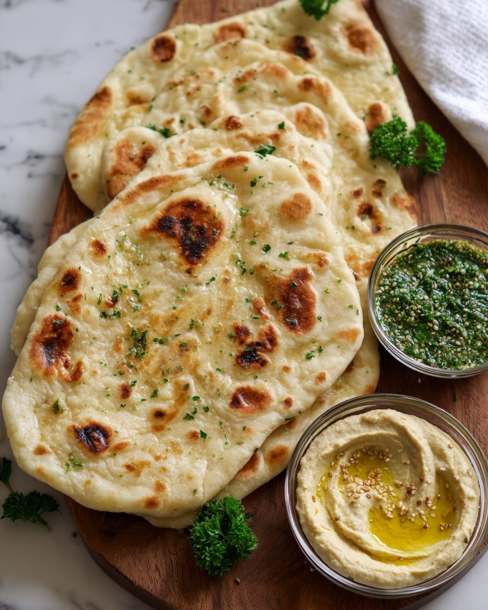 The image shows two pieces of flatbread, lightly browned with uneven, dark spots and sprinkled with small bits of green herbs, placed stacked on a wooden board. Next to the flatbread is a small clear bowl filled with creamy white hummus topped with a drizzle of golden olive oil. A sprig of fresh parsley is placed beside the bowl on the wooden board. The surface beneath has a white marbled texture and some blurred dishes are partly visible in the background. photo taken with an iphone --ar 4:5 --v 7