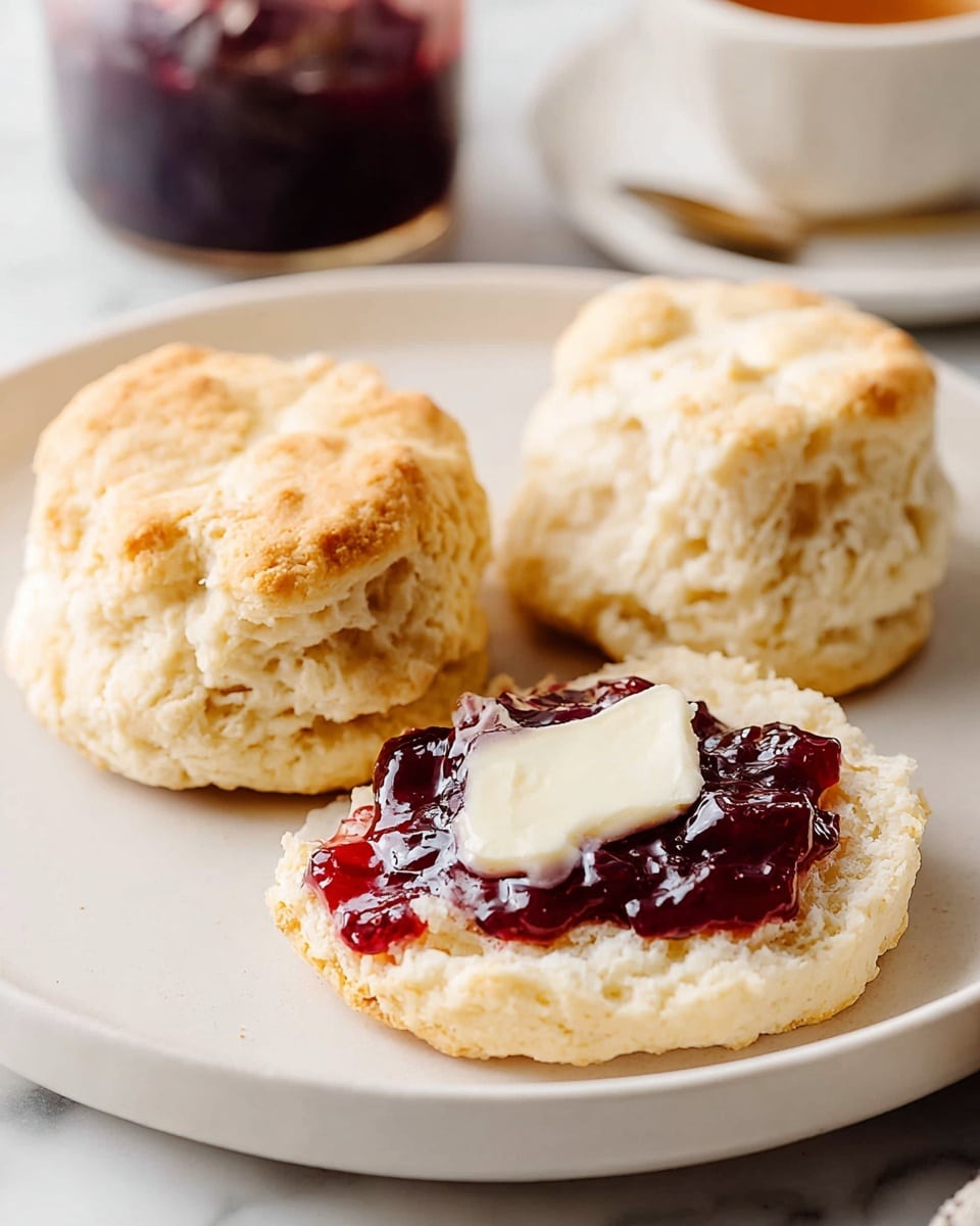 A close-up photo shows three halves of a biscuit on a white plate with a slight texture. One biscuit half is on the left side, showing a light golden brown outside with a soft, crumbly inside. The biscuit at the back right is topped with a smooth, melting layer of pale yellow butter, while the front right biscuit half is covered with a thick, shiny, dark red jelly spread. The plate sits on a white marbled surface, and a dark metal fork is placed near the bottom left of the plate. Photo taken with an iphone --ar 4:5 --v 7