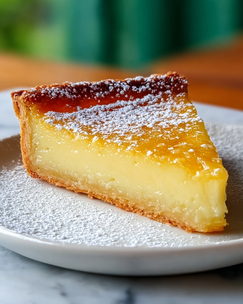 A lemon tart is shown on a white plate placed on a wooden surface with a white marbled texture background. The tart has two main layers: a thick, golden-brown crust with a slightly rough texture, and a smooth, pale yellow lemon filling that looks creamy and firm. A slice is cut out, revealing the even thickness of both layers. On top of the tart, two thin lemon slices and a few small green mint leaves add a fresh decoration. There is a light dusting of powdered sugar around the tart's edge on the plate. photo taken with an iphone --ar 4:5 --v 7