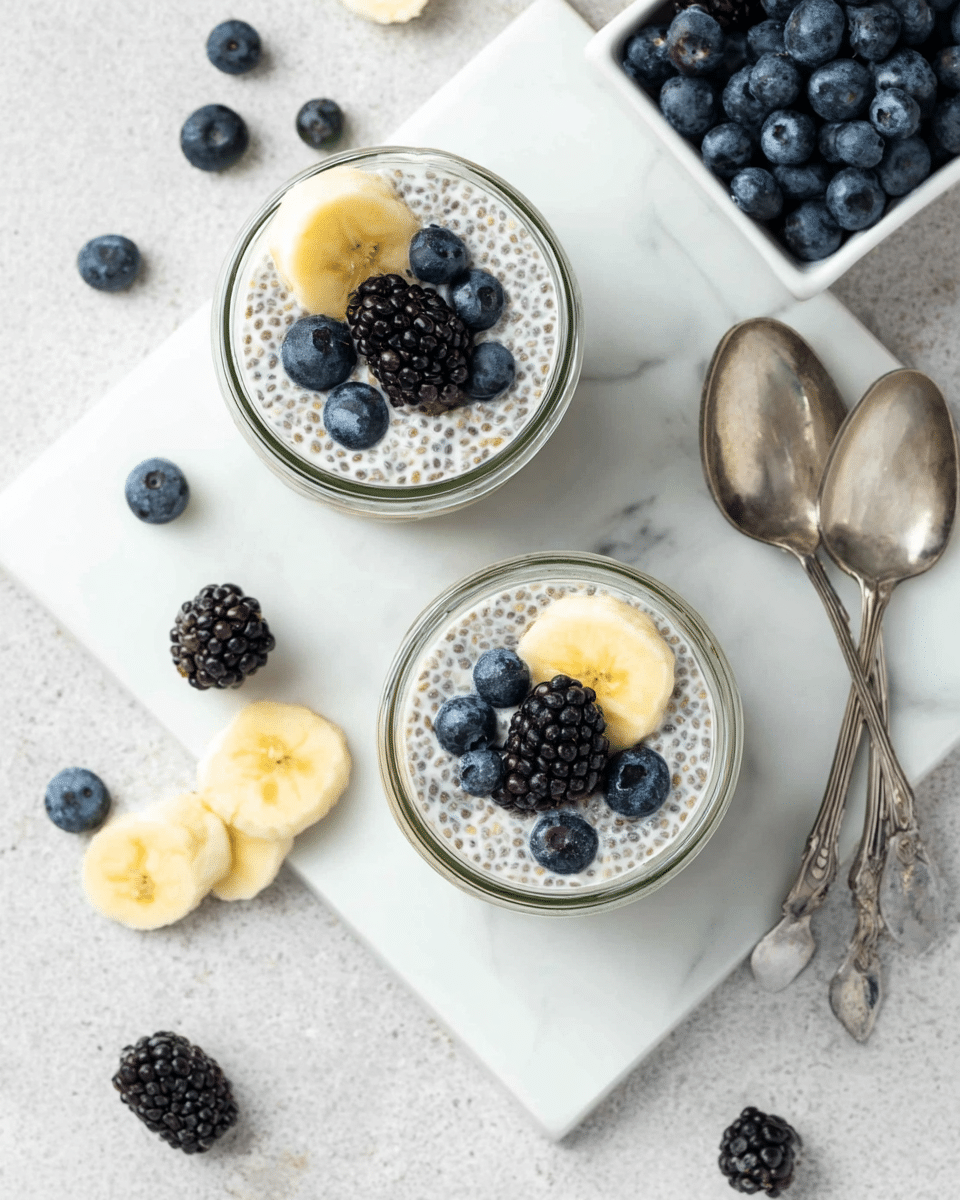 Two small glass jars are filled with a creamy, white chia pudding speckled with tiny brown chia seeds. Each jar is topped with a layer of fresh fruit, including a slice of yellow banana, several deep blue blueberries, and one large shiny black blackberry. Silver spoons are placed in both jars, standing upright. The jars sit on a white marble textured surface, with one jar resting on a white square board. Scattered around are more fresh blueberries and blackberries, and a white square bowl filled with blueberries is also visible in the top right corner. photo taken with an iphone --ar 4:5 --v 7