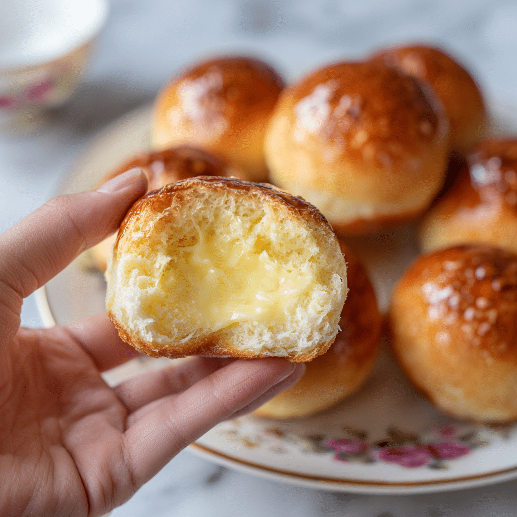 A woman's hand is holding a small round bread roll that is split open to show a soft, creamy, pale yellow filled center with a slightly glossy and light golden-brown crust. The bread looks fluffy and tender on the inside. In the blurred background, there is a white plate with a floral pattern holding several similar bread rolls with shiny golden-brown tops. The setting is on a white marbled surface. photo taken with an iphone --ar 4:5 --v 7