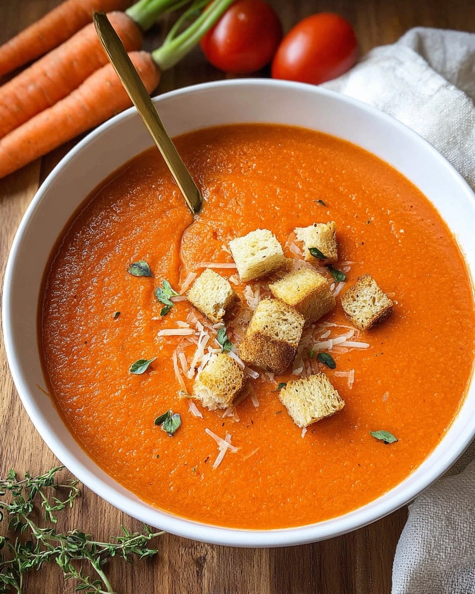 A white bowl filled with thick, smooth orange tomato soup, topped with a small pile of golden, crispy croutons and a few light shreds of cheese scattered in the center. There are also small green thyme leaves sprinkled lightly on top of the soup. A gold spoon is partially dipped into the soup on the left side of the bowl. The bowl sits on a white marbled surface with some fresh carrots, a red tomato, and sprigs of thyme nearby, along with a white cloth on the right side. photo taken with an iphone --ar 4:5 --v 7