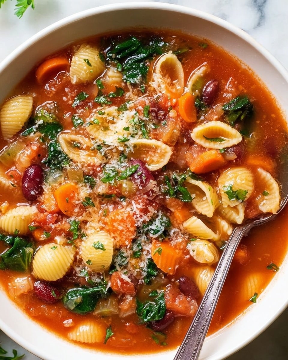 A white bowl filled with a thick vegetable soup showing three main layers: the bright orange carrot slices, white and red kidney beans, and large pasta shells scattered throughout, all immersed in a rich, light red tomato broth with visible chunks of tomato and pieces of dark green leafy spinach. The soup is garnished with small, chopped green herbs spread evenly on the top, adding a fresh texture. The bowl sits on a white marbled surface with some green leafy herbs blurred in the background along with a blue cloth nearby. photo taken with an iphone --ar 4:5 --v 7