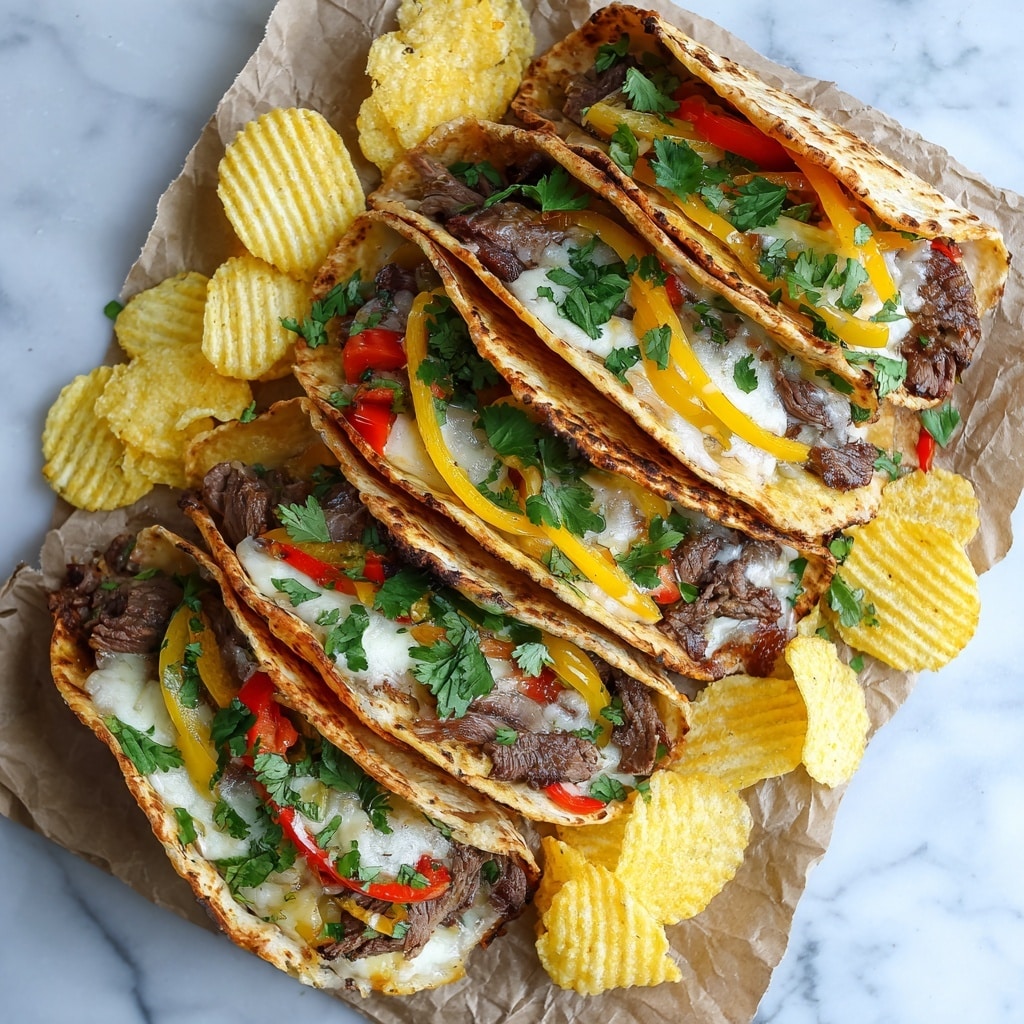 The image shows five small folded tortillas with a light golden-brown toasted look, each filled with layers of melted white cheese, cooked shredded beef with a rich brown color, and colorful slices of green, red, and yellow bell peppers. Fresh green cilantro is sprinkled on top of the tortillas. Around the tortillas are several yellow-orange potato chips that are slightly curved and scattered loosely. All of this is placed on crumpled brown parchment paper that contrasts with the white marbled surface beneath. The photo is clear and bright, capturing the textures of the soft tortillas, gooey cheese, tender meat, and crispy chips. photo taken with an iphone --ar 4:5 --v 7