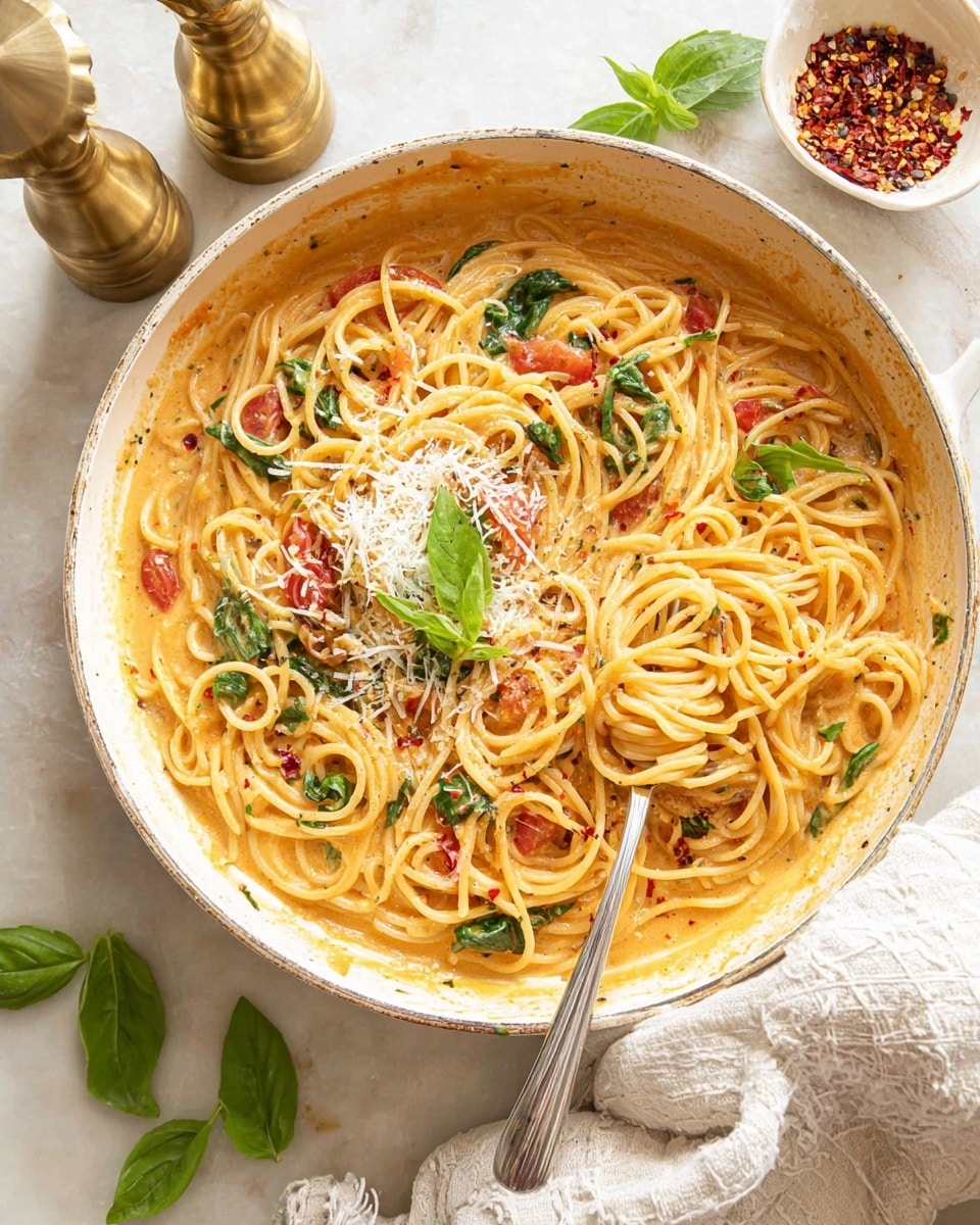 A white pan filled with creamy spaghetti pasta mixed with red tomato pieces and green spinach leaves, all coated in a light orange sauce. On top, there is a small pile of grated cheese garnished with red chili flakes and fresh green basil leaves scattered around. A white fork is twirling some spaghetti in the pan, lifting it slightly. The pan rests on a white marbled surface with some loose basil leaves and a white cloth nearby, along with a small bowl of red chili flakes and two gold pepper mills in the background. Photo taken with an iphone --ar 4:5 --v 7