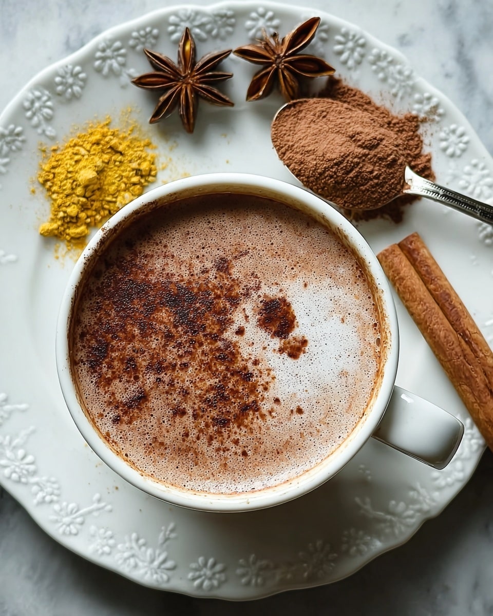 A white cup filled with frothy hot chocolate with a light brown foam surface and a few dark brown cocoa powder spots floating on top. The cup sits on a white plate with an ornate textured rim. On the plate, there are two star anise pods on the upper left, a small pile of light yellow powder in the middle top, a spoon holding brown cocoa powder on the upper right, and a single cinnamon stick lying horizontally on the right side of the plate. The setting is on a white marbled texture background. photo taken with an iphone --ar 4:5 --v 7