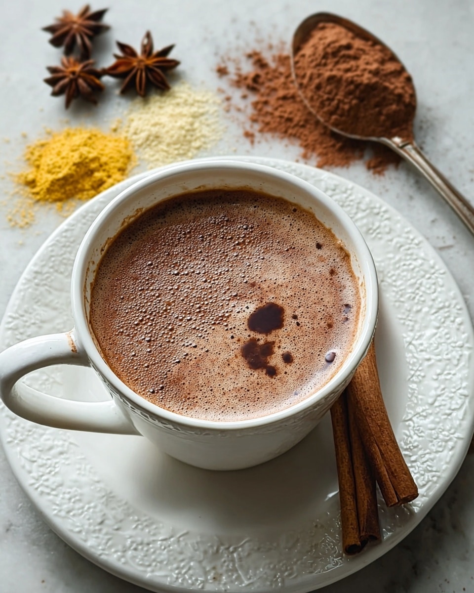 A white cup filled with frothy hot chocolate topped with a dusting of cocoa powder that creates a mix of light and dark brown spots on the surface. The cup sits on a white plate with a floral textured rim. On the plate around the cup, there are two star anise pods to the upper left, a small mound of yellow ginger powder just above the cup, a spoon resting to the upper right filled with brown cocoa powder, and a single cinnamon stick placed horizontally on the right side. The scene is set on a white marbled texture. photo taken with an iphone --ar 4:5 --v 7