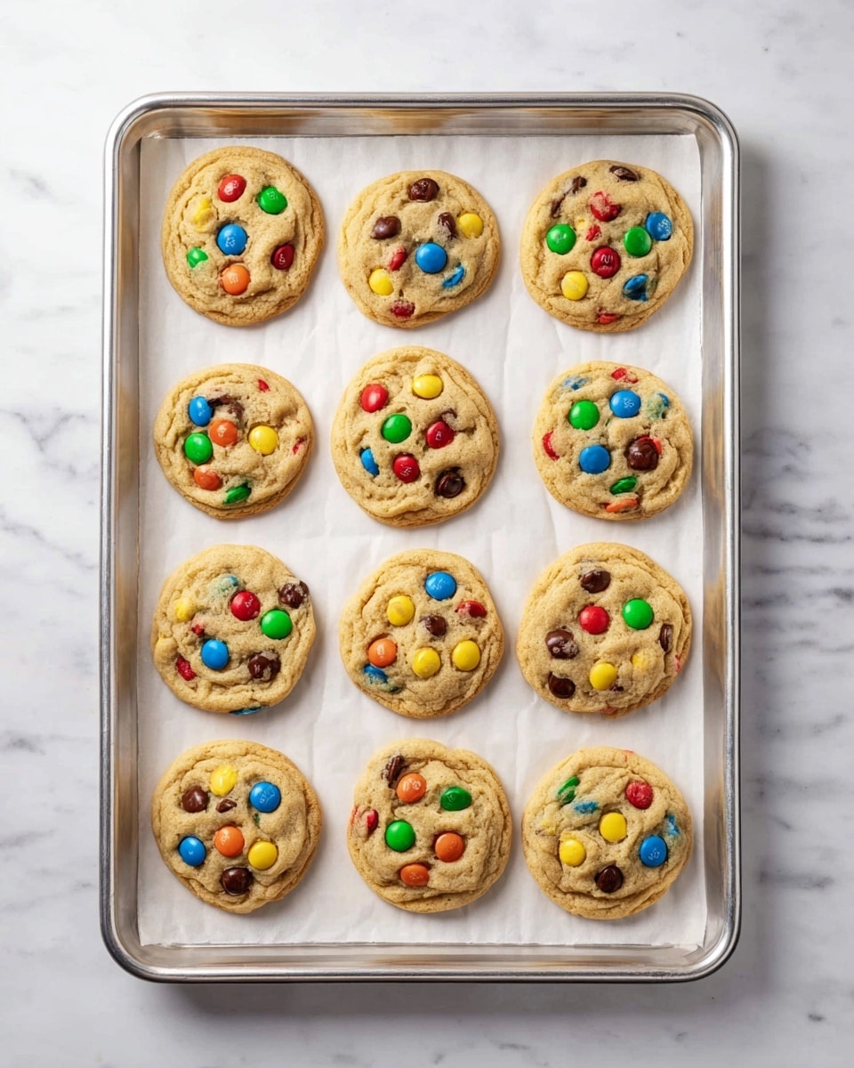 A close-up view of many soft, round cookies laid out flat on a white marbled surface, each cookie showing a light golden-brown dough base embedded with colorful candy-coated chocolate pieces in red, blue, green, yellow, orange, and brown, evenly spread across the surface; the cookies have a slightly cracked texture, indicating softness, and are arranged closely in a random but full pattern covering the entire image frame. photo taken with an iphone --ar 4:5 --v 7