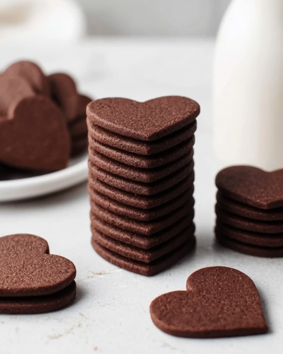 The image shows a stack of heart-shaped dark brown cookies, neatly piled in the center of a white surface with a subtle white marble texture. To the right side, there is a smaller stack of round dark brown cookies. In the background, a white bottle is partially visible, and on the left, part of a white plate is seen holding more cookies, also dark brown and heart-shaped. The cookies have a smooth surface and crisp edges, arranged in clear, even layers. photo taken with an iphone --ar 4:5 --v 7