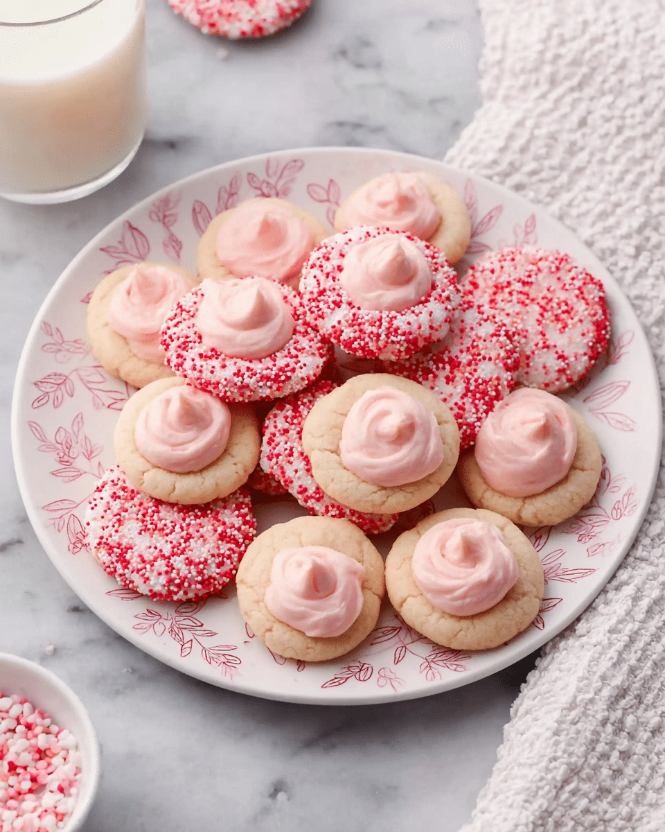The image shows round cookies covered completely in small, colorful sprinkles in shades of red, pink, white, and a hint of yellow, creating a textured, bumpy surface. Each cookie has a smooth, light pink dollop of frosting in the center that is shaped into a peak. The cookies are placed on a white marbled surface with a soft beige cloth partially visible to the right. In the background, there is a glass of white milk, slightly out of focus, adding a creamy contrast to the bright sprinkles. photo taken with an iphone --ar 4:5 --v 7