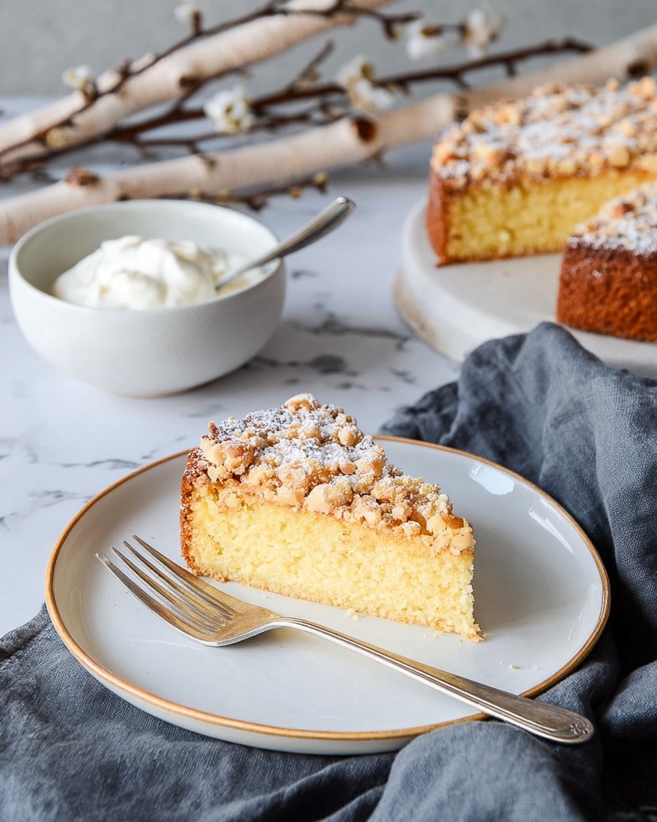 A round, golden-brown cake sits centered on a large white plate with a subtle dark rim, its top textured with small, uneven pieces and sprinkled lightly with powdered sugar. The plate rests on a soft, gathered, dark gray cloth. Nearby, a small white bowl filled with thick cream holds a small gold spoon resting beside it. Two white flowers with soft yellow centers are placed beside the bowl. To the left, a clean white plate with two silver forks rests on a white marbled surface. White birch tree branches lie on the top right corner, adding a natural feel. photo taken with an iphone --ar 4:5 --v 7