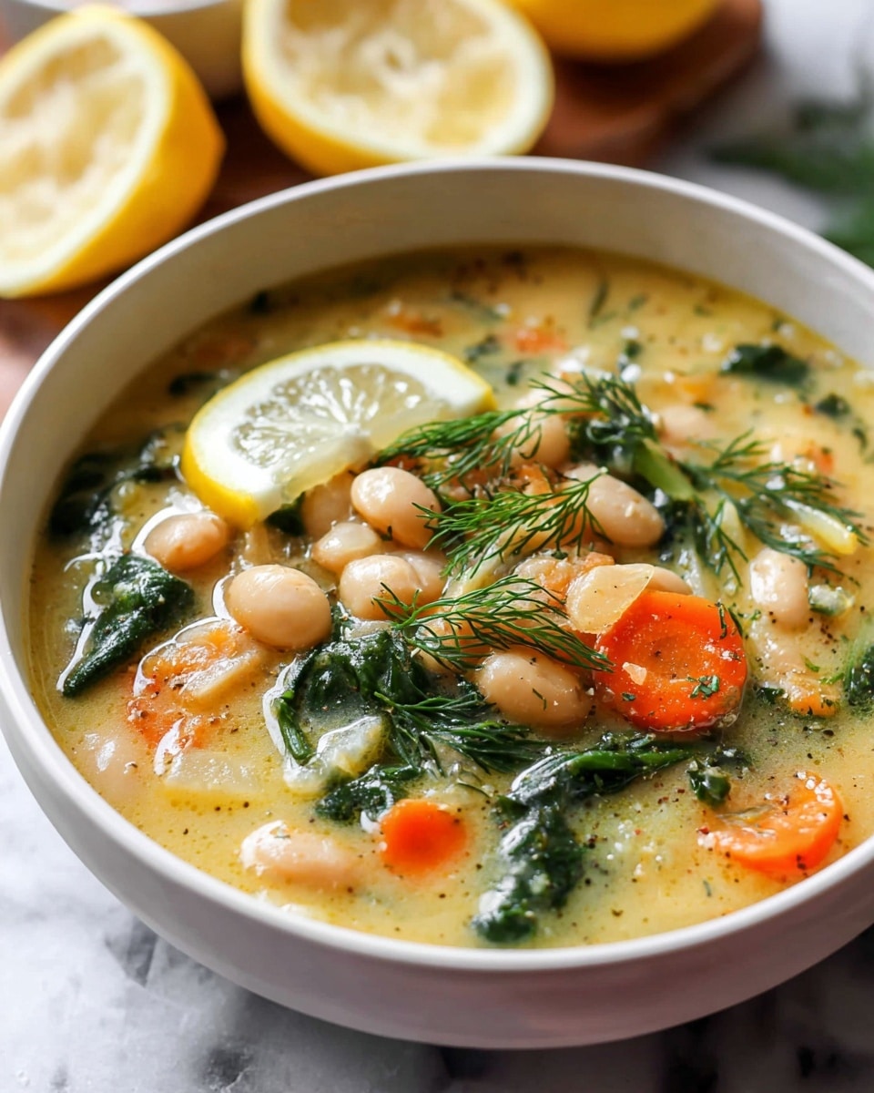 A close-up of a bowl filled with creamy soup that has a light yellow broth as the base. Inside the soup, there are visible soft white beans, sliced bright orange carrots, and green leafy vegetables, all mixed evenly throughout. On the top layer, a slice of lemon rests along the edge of the bowl and fresh green dill sprigs are placed as garnish, adding texture and color contrast. The bowl is white and sits on a surface with a white marbled texture. In the background, there are halved lemons, blurred slightly to keep focus on the soup. Photo taken with an iphone --ar 4:5 --v 7