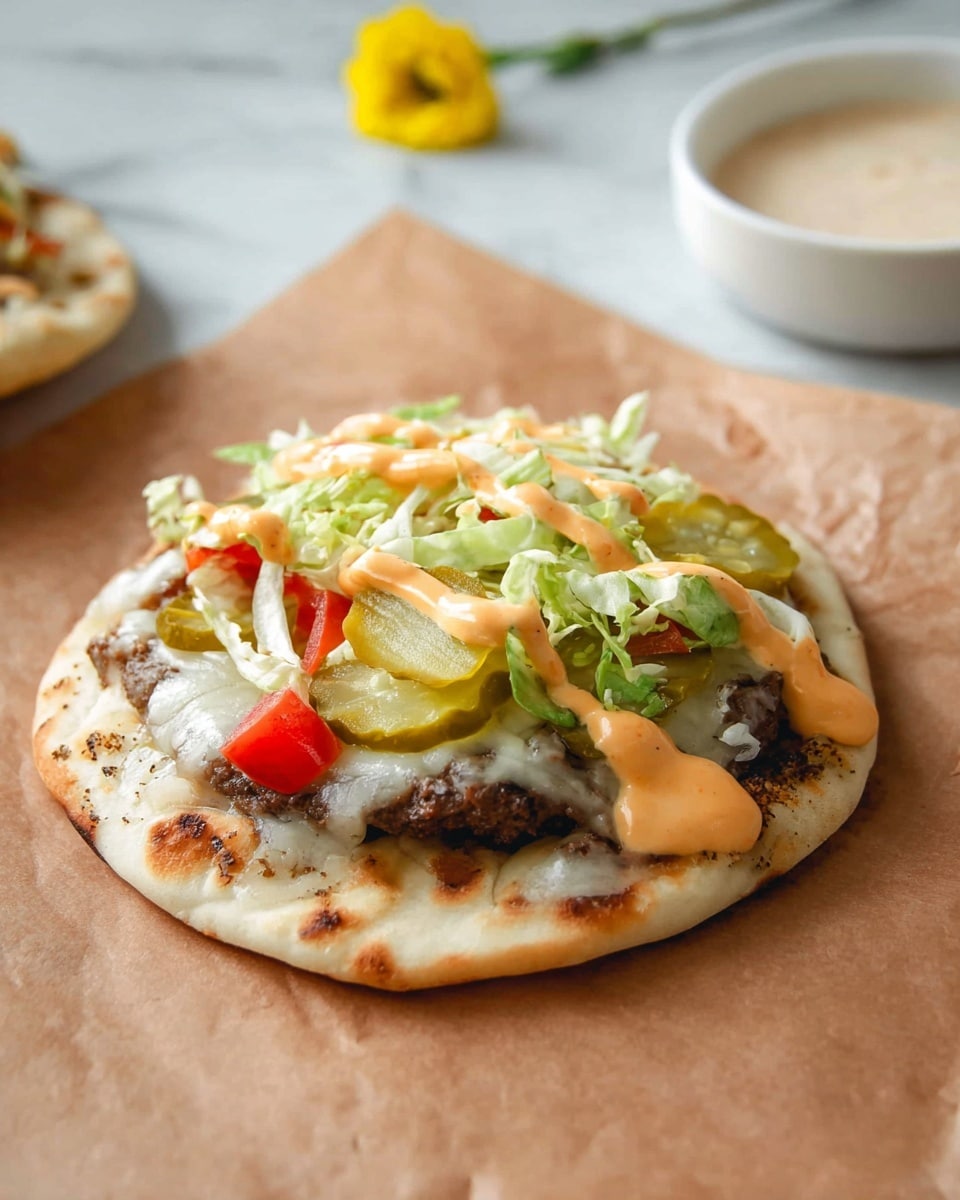 The image shows several small flatbread tacos arranged on a white marbled surface covered with brown parchment. Each taco has three layers: a light golden toasted flatbread base, a middle layer of melted white cheese and cooked ground beef, and a top layer of shredded light green lettuce, bright green pickle slices, small red tomato pieces, and a light orange creamy sauce drizzled unevenly. On the right side, there is a white bowl with bright yellow pickle slices and a white bowl with light orange sauce. At the bottom left corner, there is a white bowl filled with shredded light green lettuce. Small yellow flowers and lettuce pieces are scattered around, adding a fresh look. photo taken with an iphone --ar 4:5 --v 7