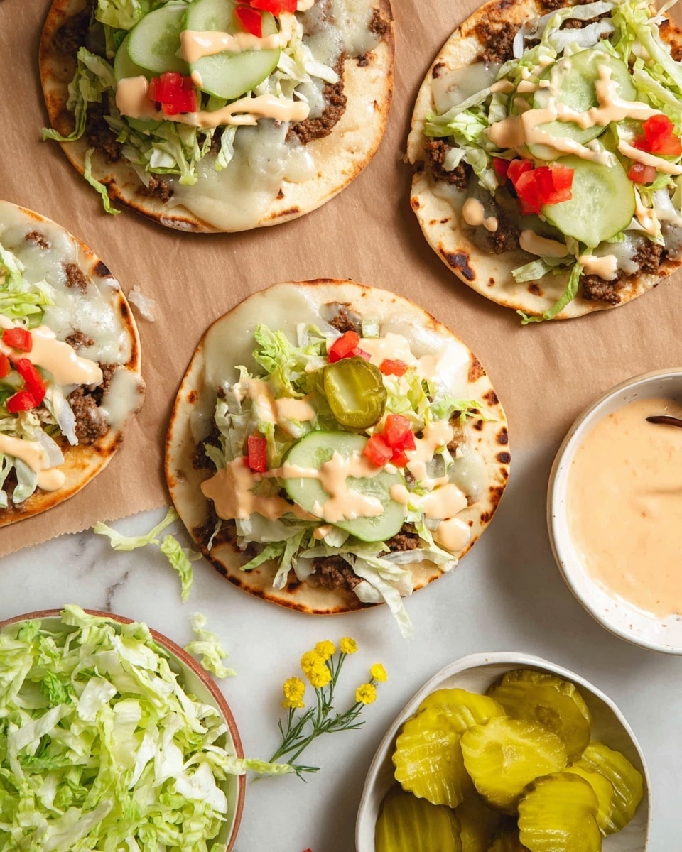 A small flat round bread forms the base with light brown toasted spots. On top, there is a melted white cheese layer partially covering a dark brown cooked beef patty. Fresh green shredded lettuce is spread over the cheese, along with small red tomato pieces. Several yellow-green pickle slices sit on the side. An orange creamy sauce is drizzled over the top, adding a smooth texture. The dish is placed on brown parchment paper over a white marbled surface. In the background, a white bowl with light beige sauce and a small yellow flower are also visible. photo taken with an iphone --ar 4:5 --v 7