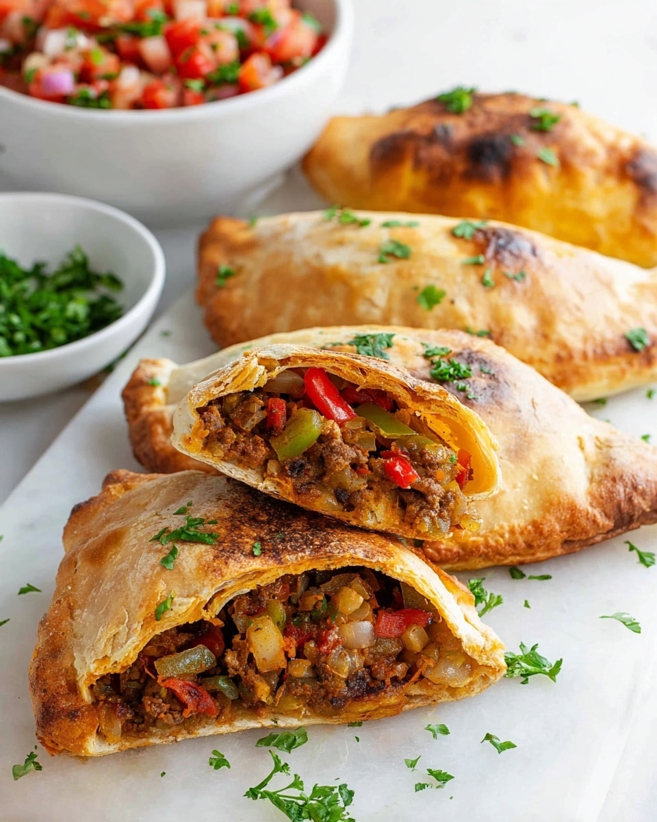 The image shows three stuffed pita halves arranged on a white marbled surface. Each pita is golden brown with a slightly crispy texture on the outside. Inside, the first pita at the front has a mix of cooked ground meat, diced red bell peppers, green peppers, and onions, topped with fresh chopped parsley, with a smooth white sauce drizzled over the filling. The second pita behind it is filled with similar ingredients but without sauce and is open showing a chunky and textured filling with herbs on top. The third pita in the back is slightly closed, with browned and charred meat pieces and fresh herbs poking out from the top opening. Small bits of parsley are scattered around the pita on the marbled surface. In the background, a small white bowl contains a salad made of chopped tomatoes, red onions, and parsley. photo taken with an iphone --ar 4:5 --v 7