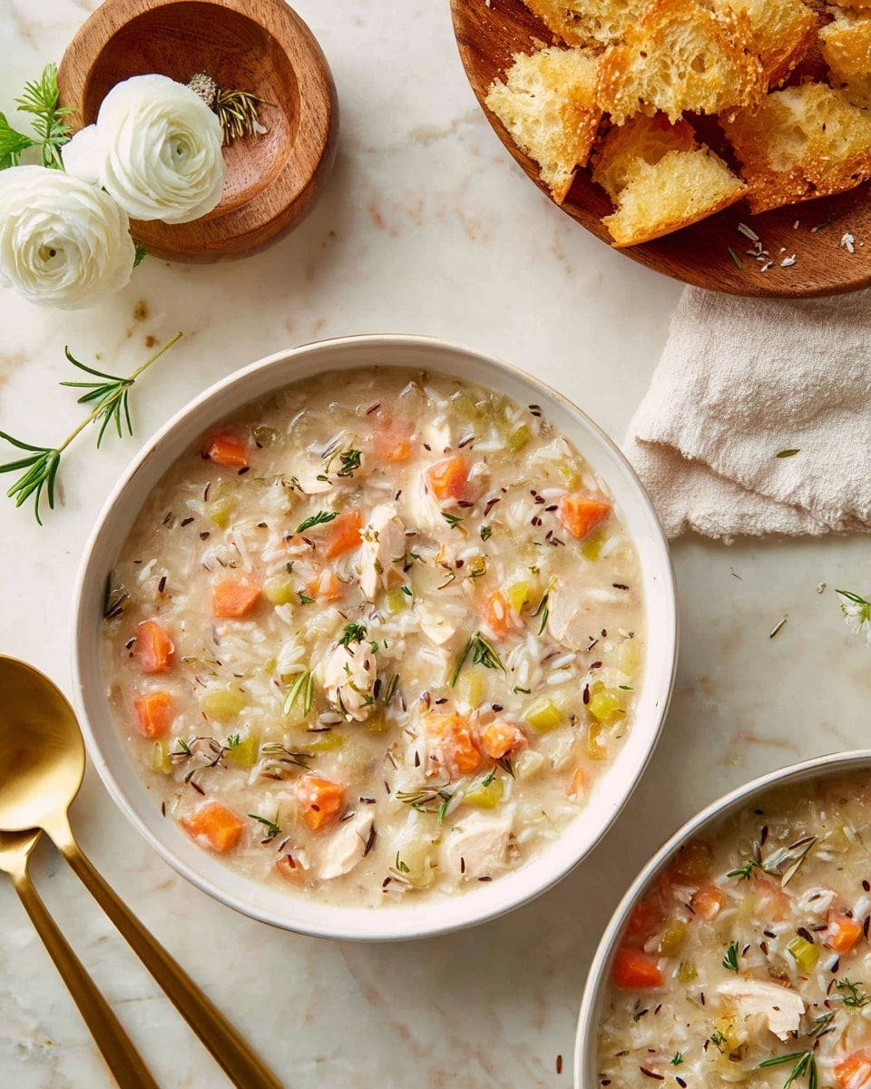 A beige bowl filled with creamy, thick soup containing visible layers of soft orange carrot slices, pale yellow celery pieces, white chunks of chicken, and specks of wild rice. The soup is topped with small green rosemary sprigs scattered across the surface, adding a fresh touch. The bowl is set on a white marbled textured surface with a white cloth nearby, and behind it, a pair of golden spoons lie out of focus next to a small golden container holding a white rose. Photo taken with an iphone --ar 4:5 --v 7