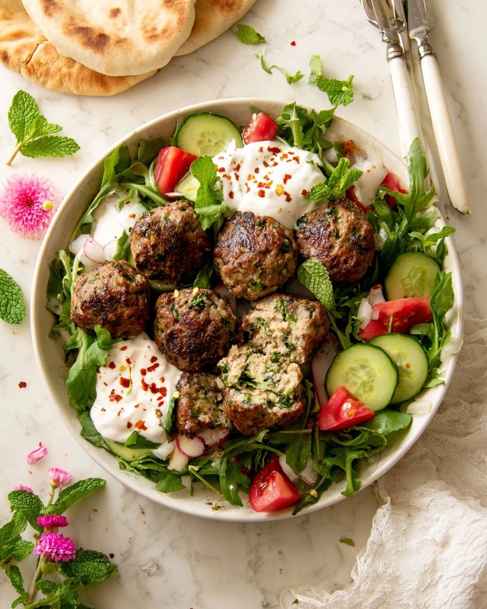 A white bowl filled with several brown, round meatballs sprinkled with green herbs, some show a juicy inside with visible green specks. Around the meatballs are fresh, crisp slices of green cucumber and bright red tomato pieces mixed with leafy greens and thin purple onion slices. On one side of the bowl, there is a dollop of creamy white sauce with green herbs on top. The bowl sits on a white marbled surface, with a soft pink flower and a green mint leaf placed nearby. Photo taken with an iphone --ar 4:5 --v 7